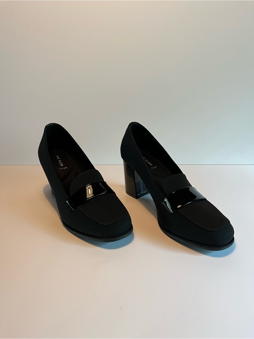 Anne Klein Black Block Heel Loafers with Patent Accent
